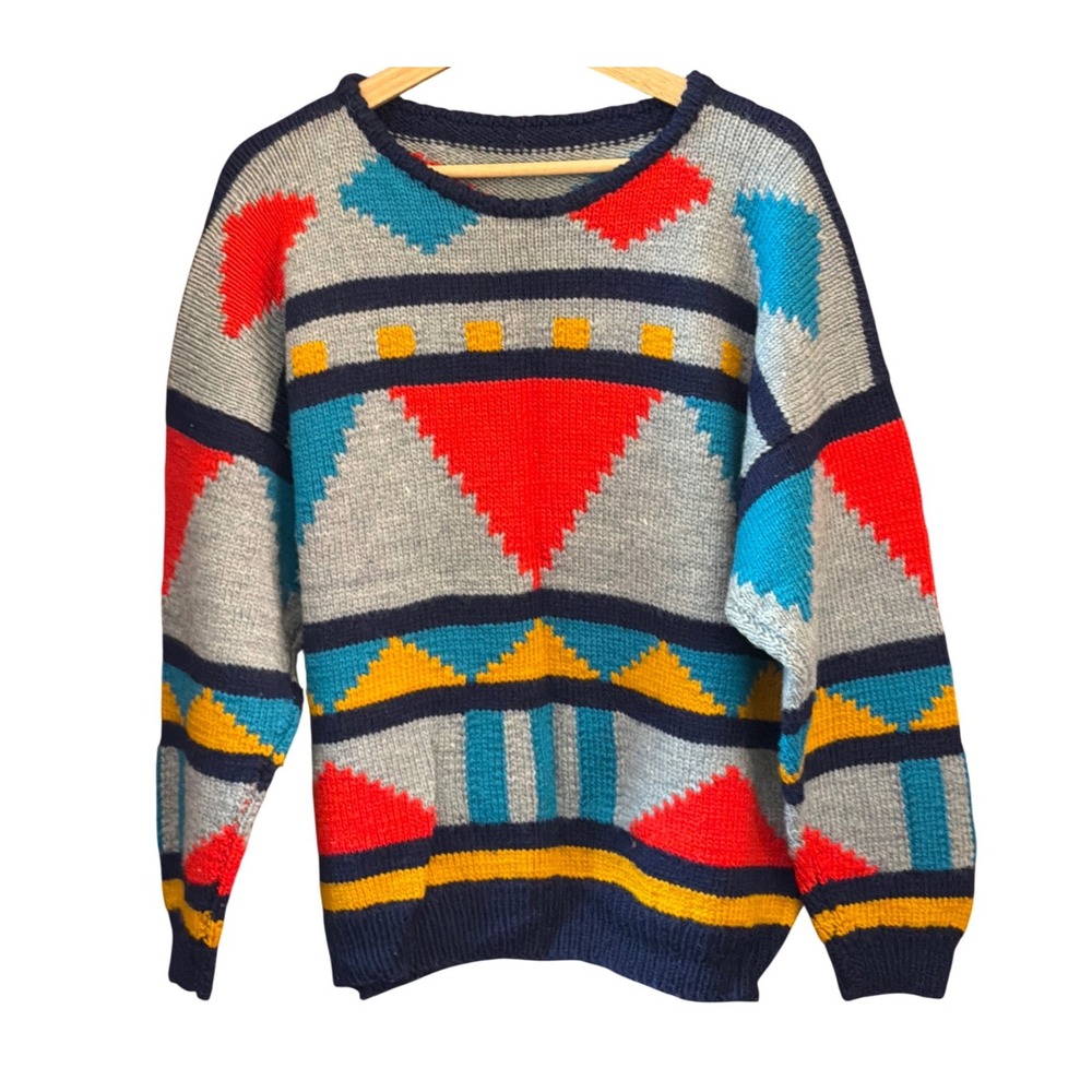 80s Unbranded Hand Knit Sweater Geometric Colorblock Maximalist Retro Bauhaus